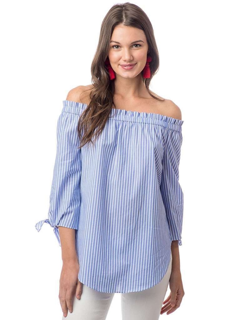 Southern Tide Blue and White Striped Off-Shoulder Blouse